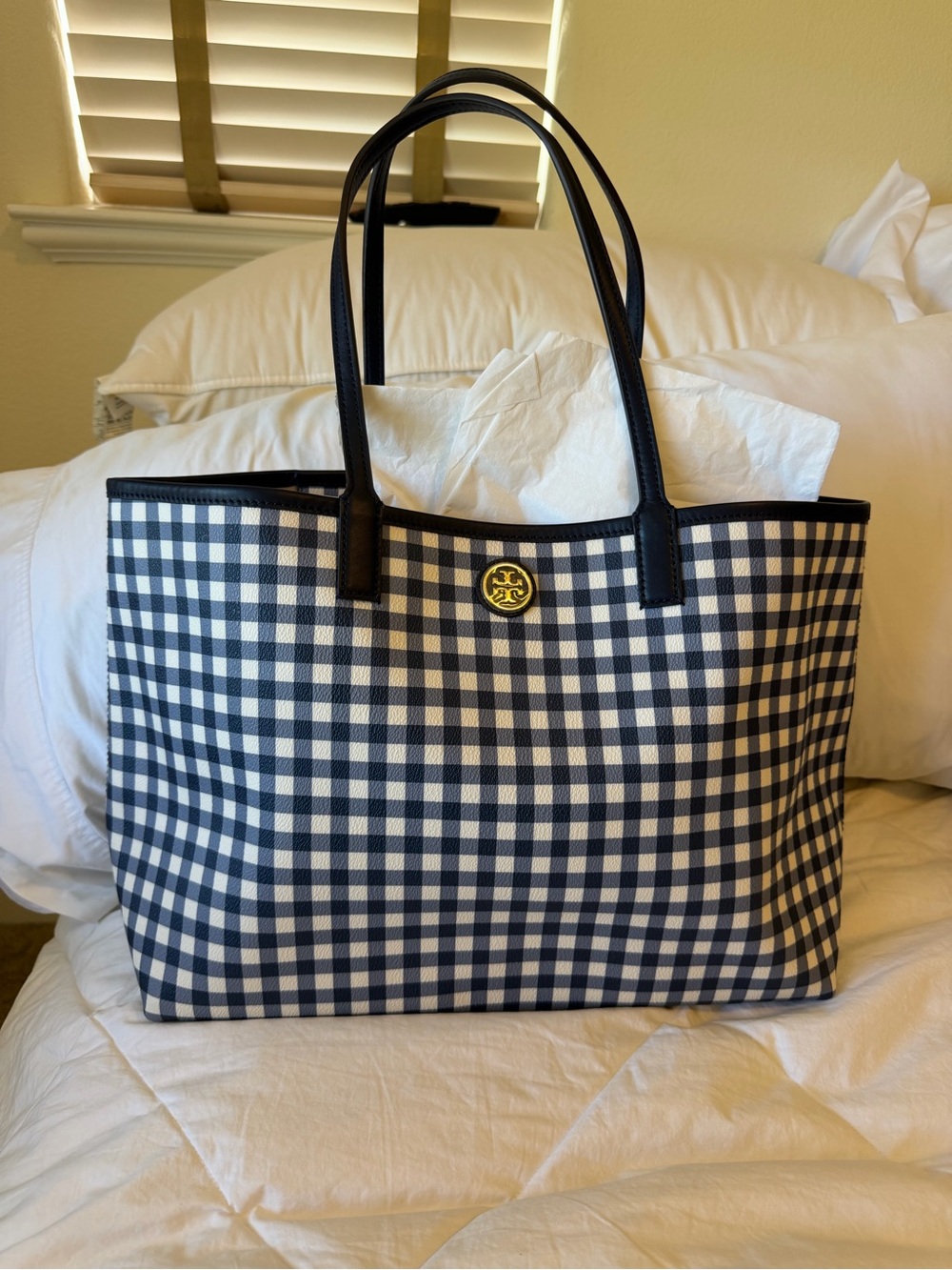 NWOT Tory Burch Navy Gingham Canvas Tote
